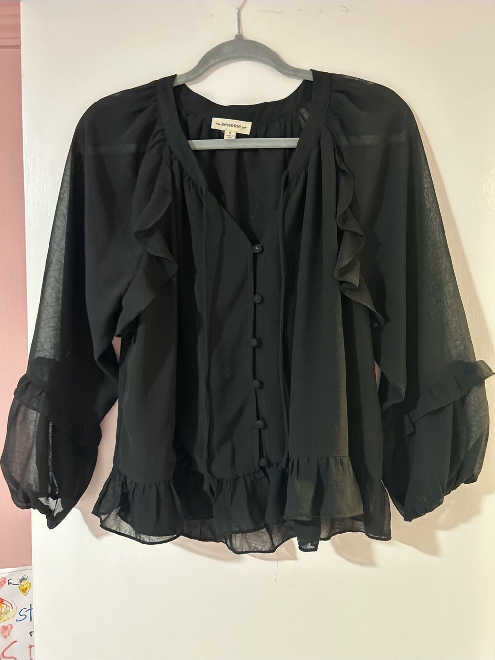 eesome Black Ruffle Button-Front Blouse